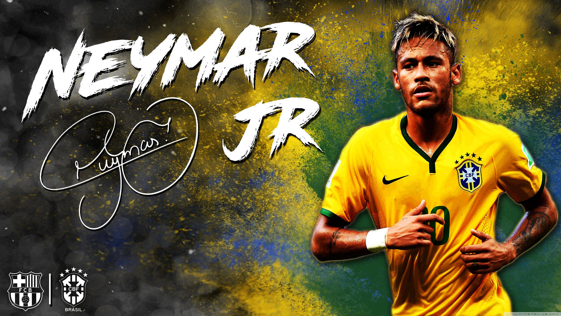 Fondo de pantalla de arte de fan de Neymar en verde y amarillo.