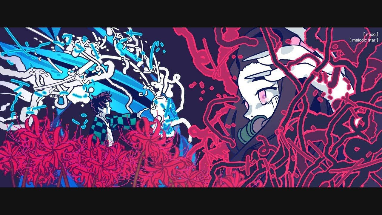Fondo de pantalla de Demon Slayer de Tanjiro y Nezuko rodeados de lirios araña rojos. — Demon Slayer Fondos de pantalla