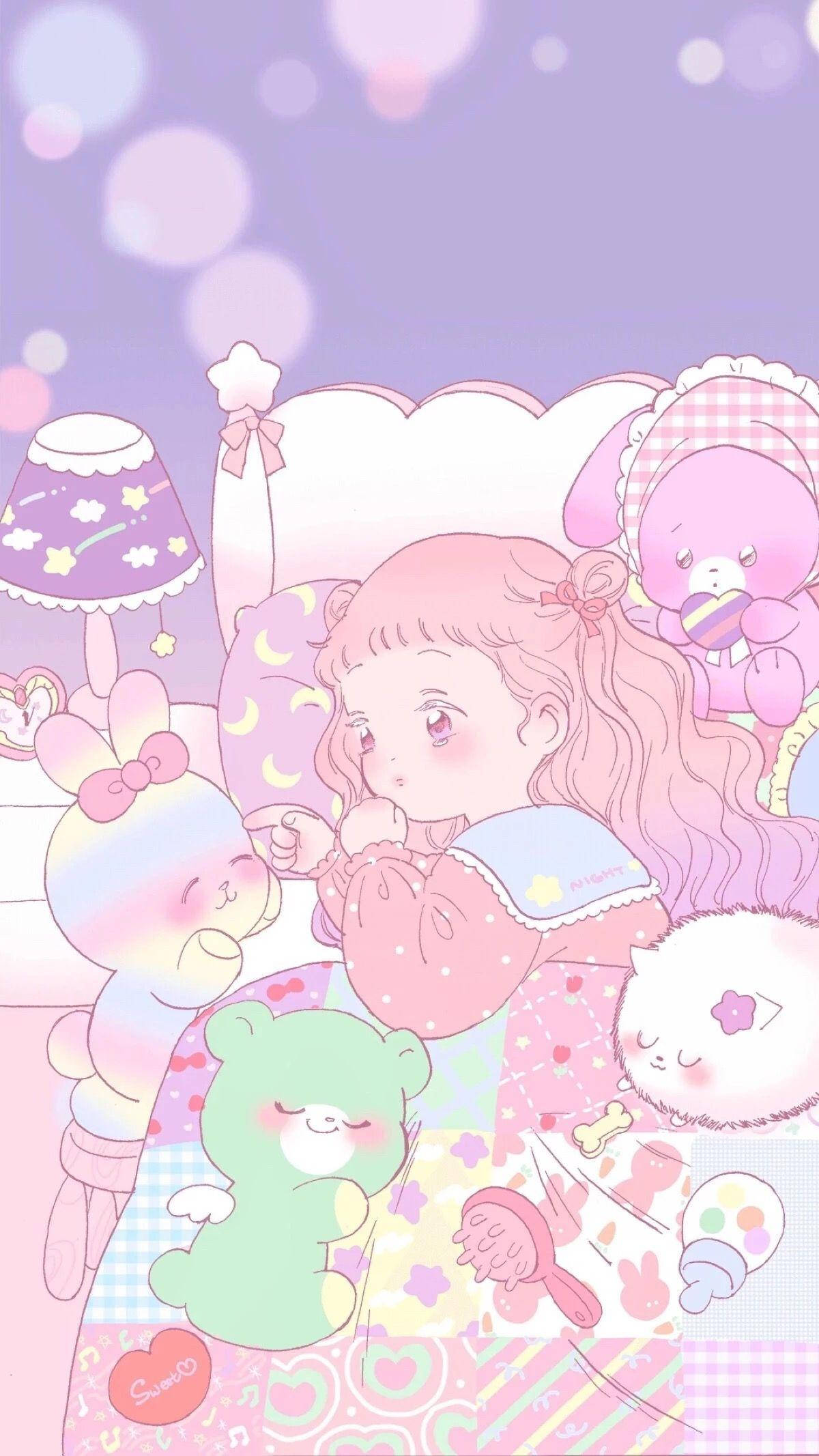 Niña Anime Kawaii en la Cama con Peluches Fondos de pantalla