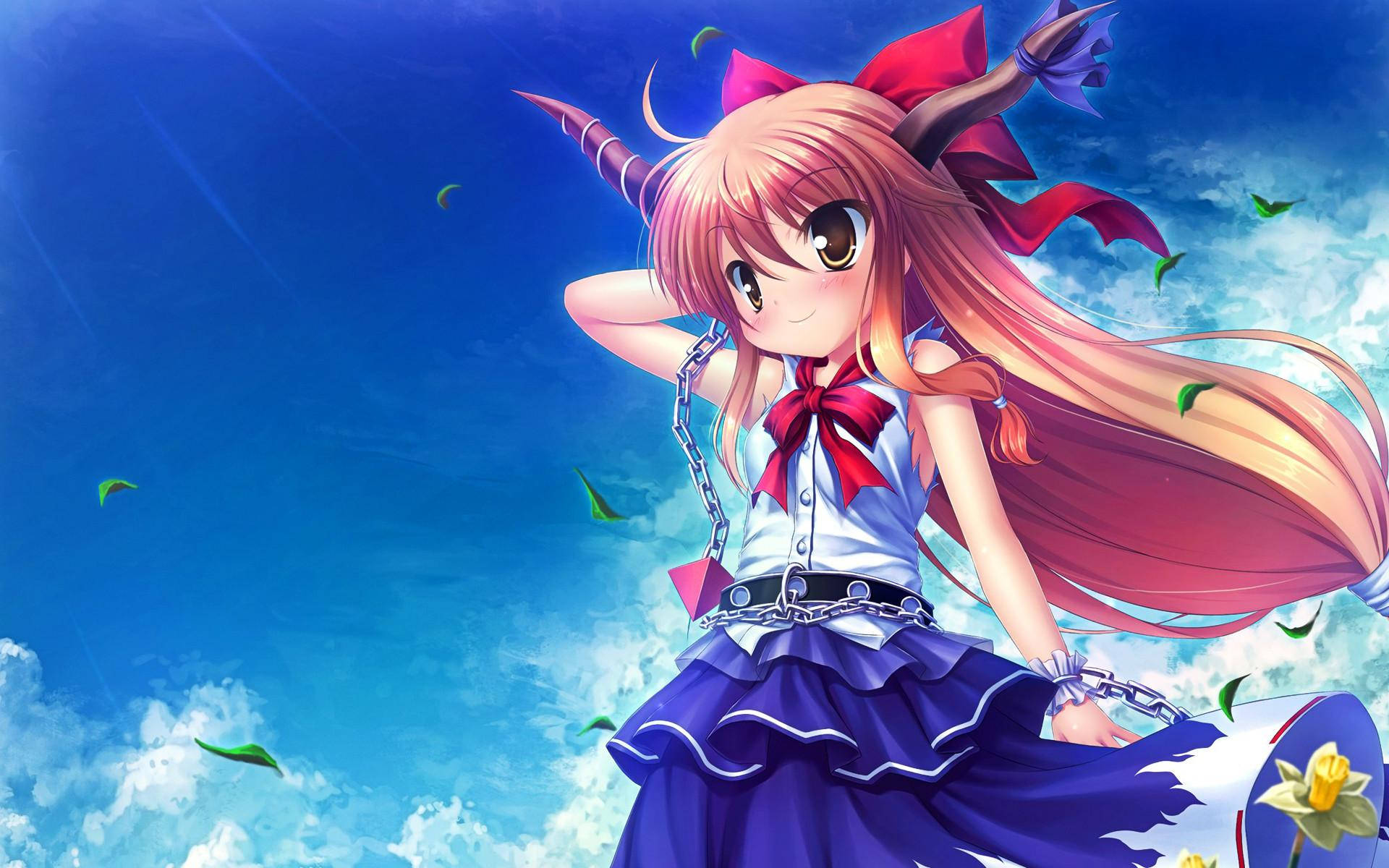 Niña Anime Kawaii con Cuernos y Hojas Cayendo Fondos de pantalla