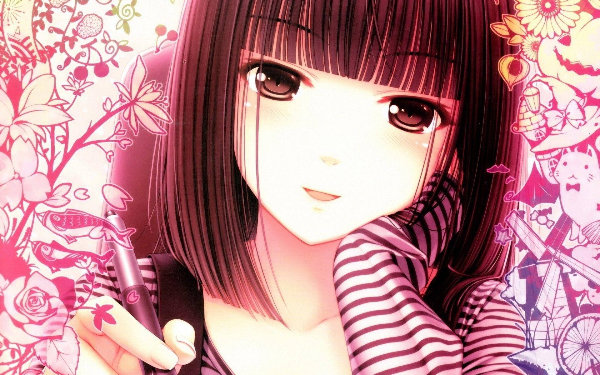 Niña Anime Kawaii Sosteniendo Pluma con Garabatos Fondos de pantalla