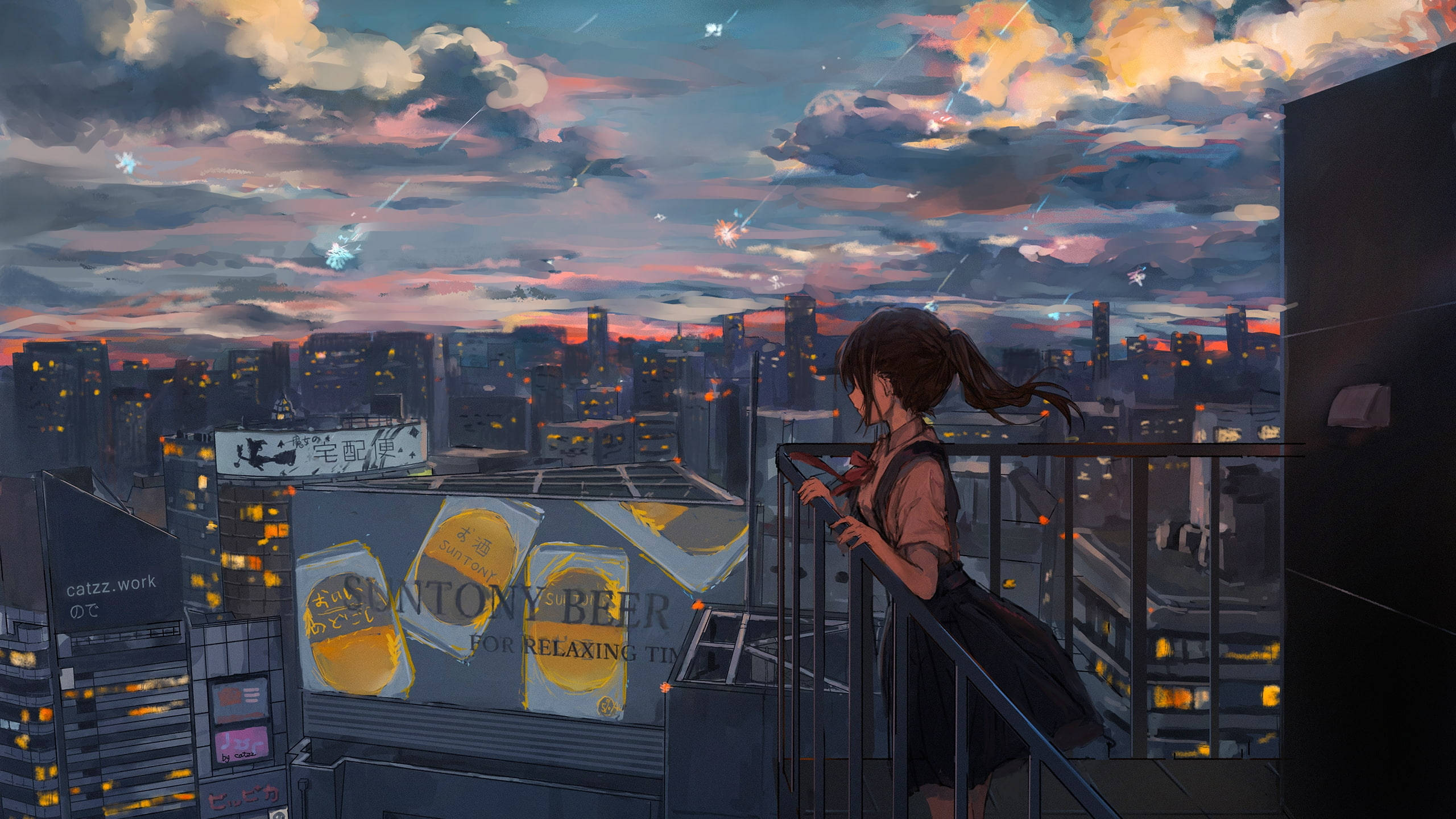 Niña anime melancólica en el balcón Fondos de pantalla