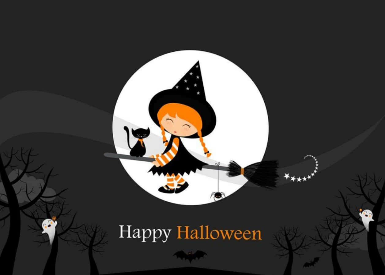 Niña bruja de caricatura de Halloween con gato negro Fondos de pantalla