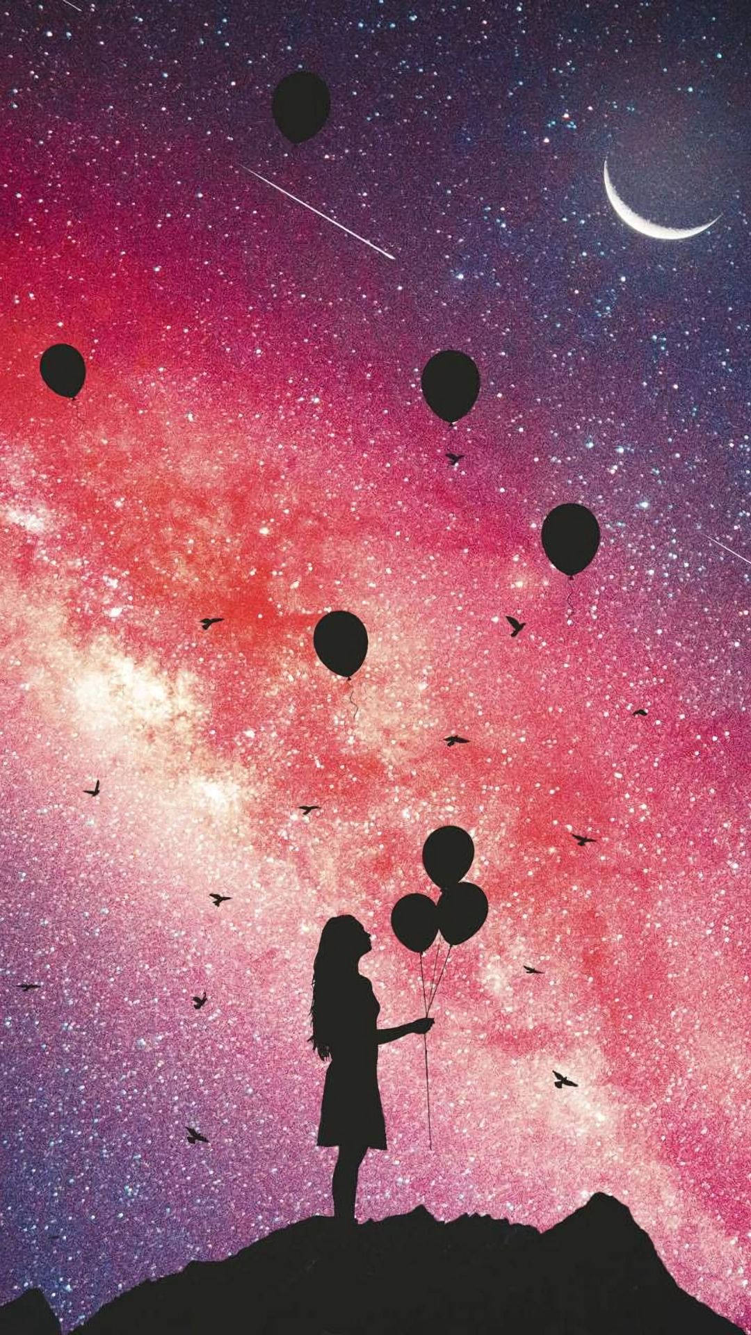 Niña mirando globos en linda galaxia Fondos de pantalla
