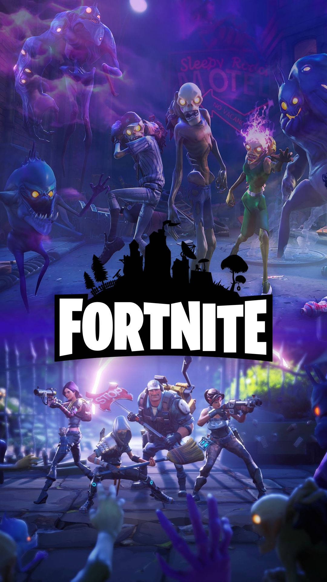 Zombis y humanos peleando con el logo de Fortnite en HD.