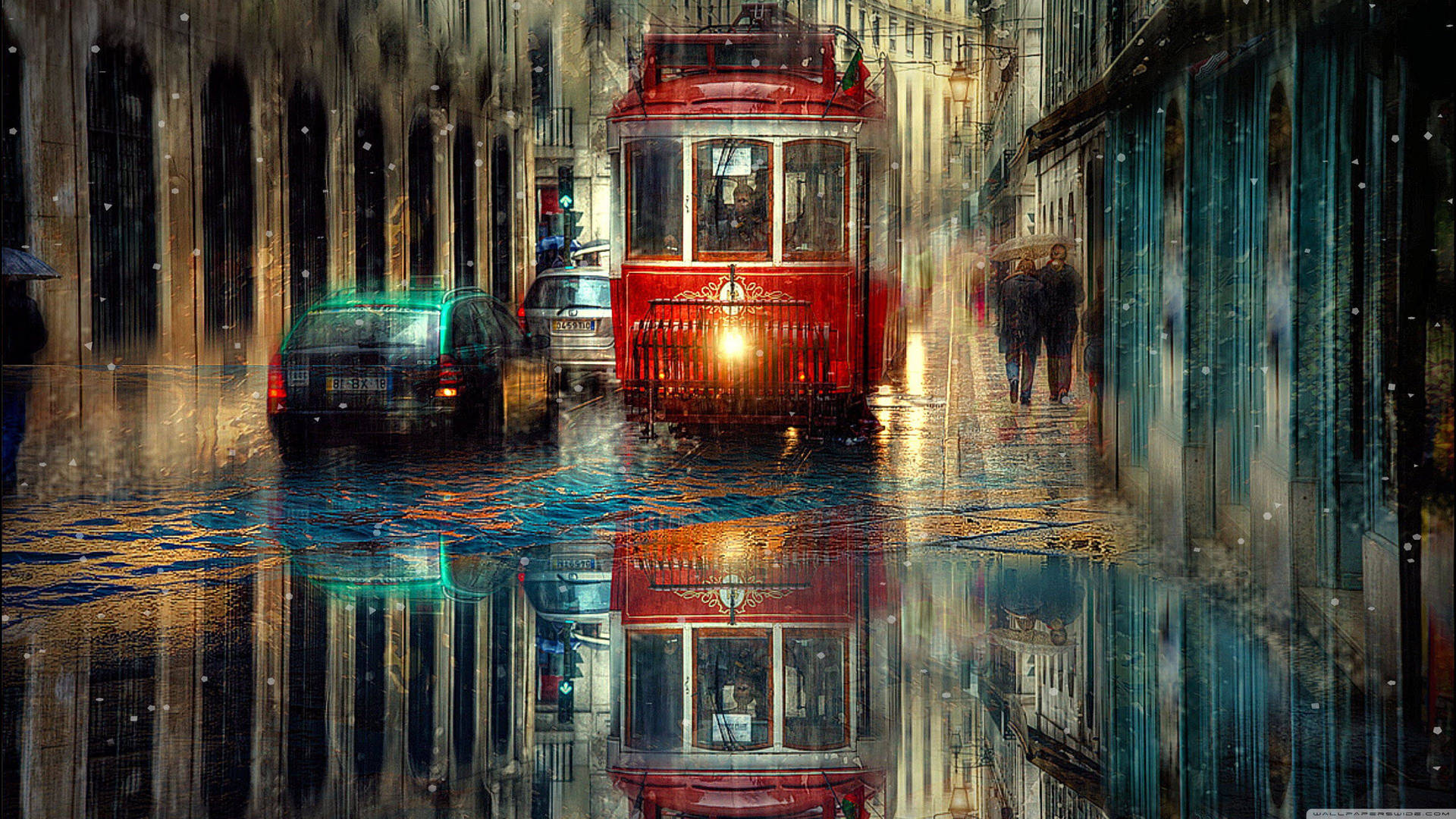 Fondo de pantalla 4K de obra de arte de un tren rojo y autos bajo la lluvia.