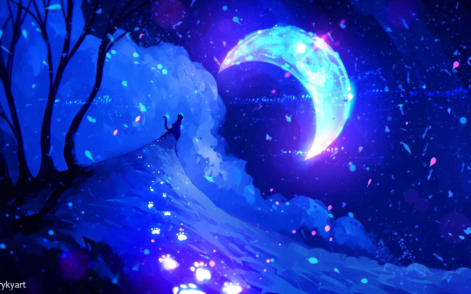 Obra de arte fantástica de gato y luna galáctica Fondos de pantalla