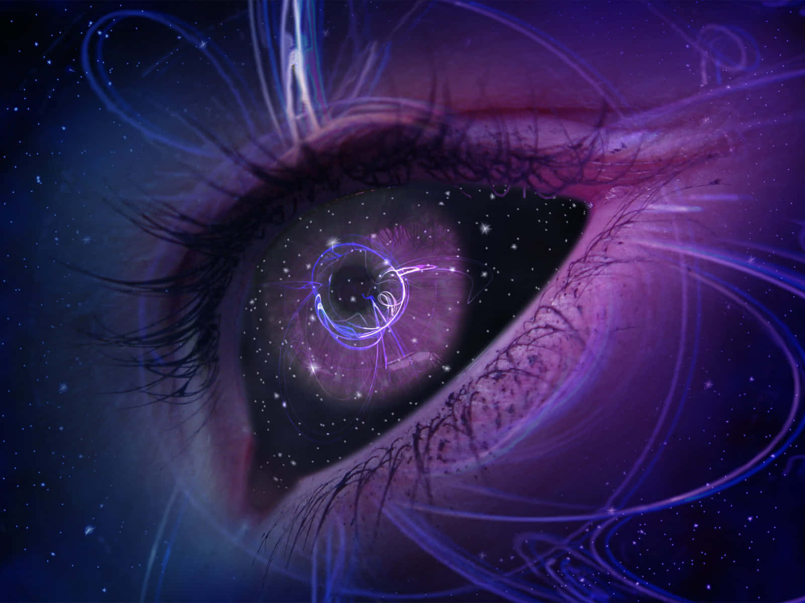 Ojos con cielo estrellado neón púrpura Fondos de pantalla