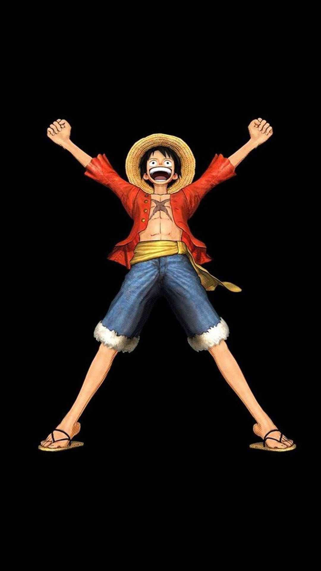 Luffy sonriente y emocionado en un wallpaper retrato de One Piece.