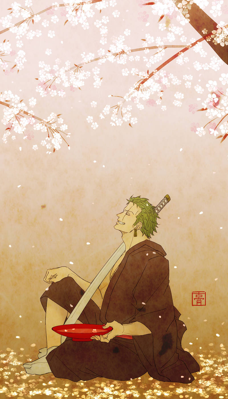 One Piece Phone Zoro Bajo el Árbol de Sakura Fondos de pantalla