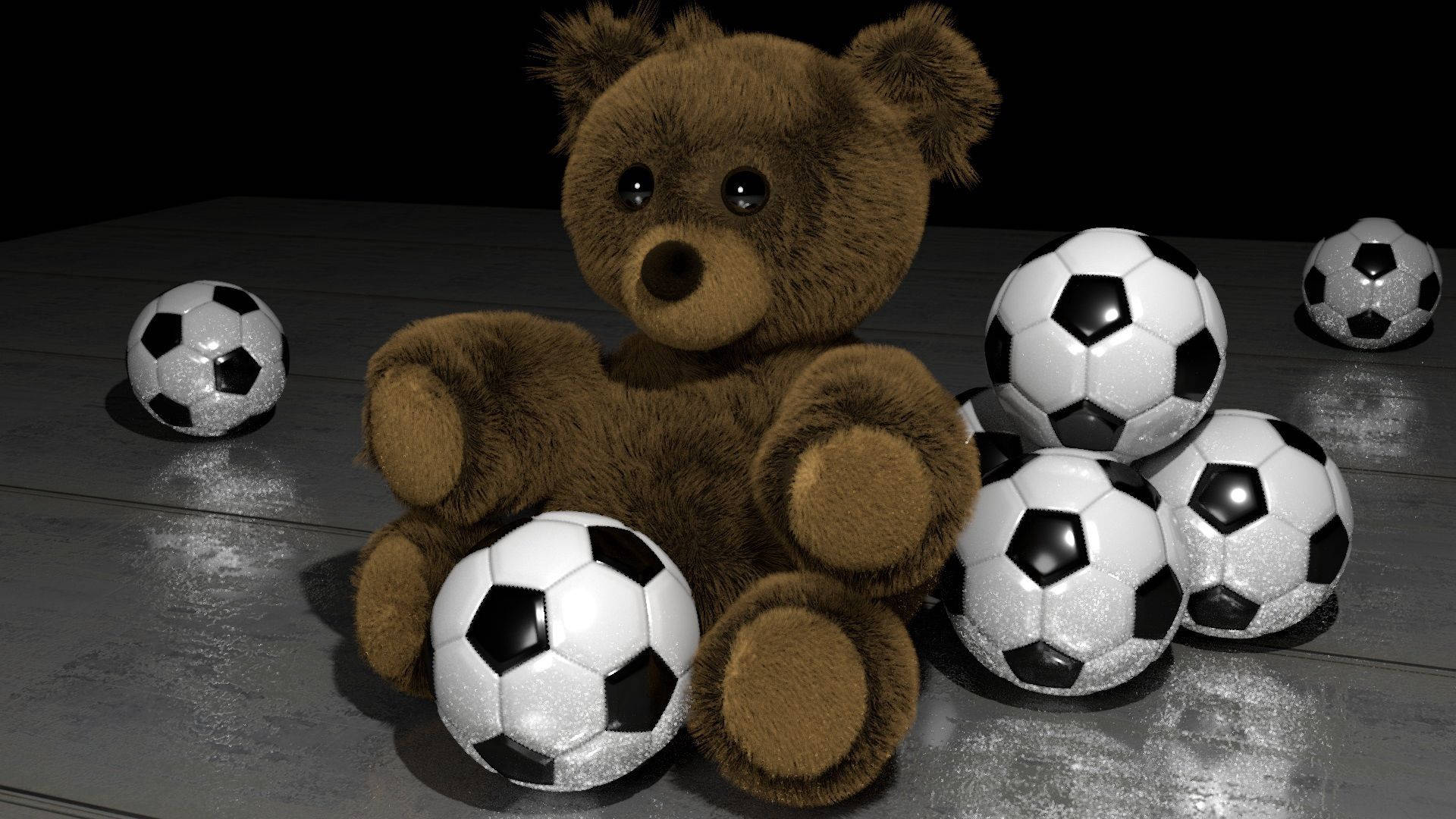 Fondo de pantalla de escritorio de osito de peluche esponjoso con múltiples balones de fútbol.