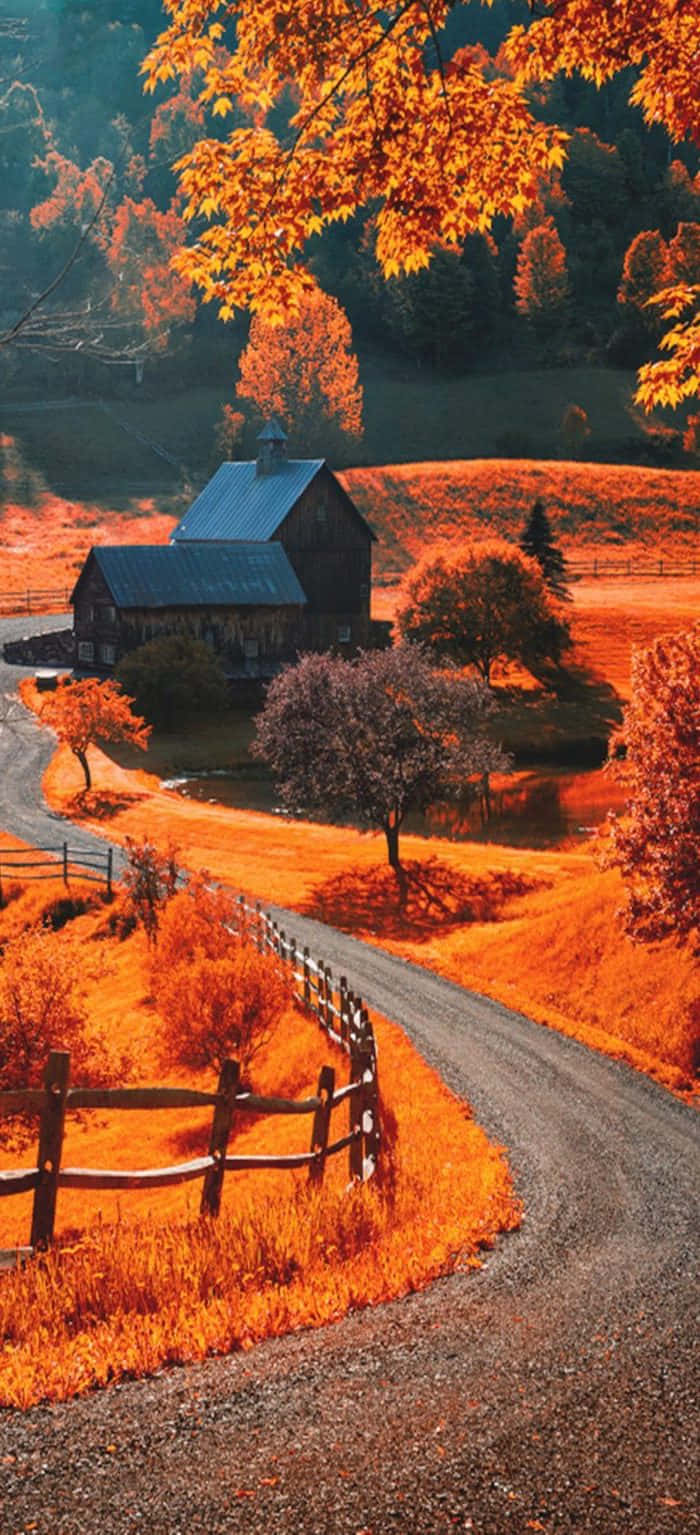 otoño en el campo con una granja y una cerca Fondos de pantalla