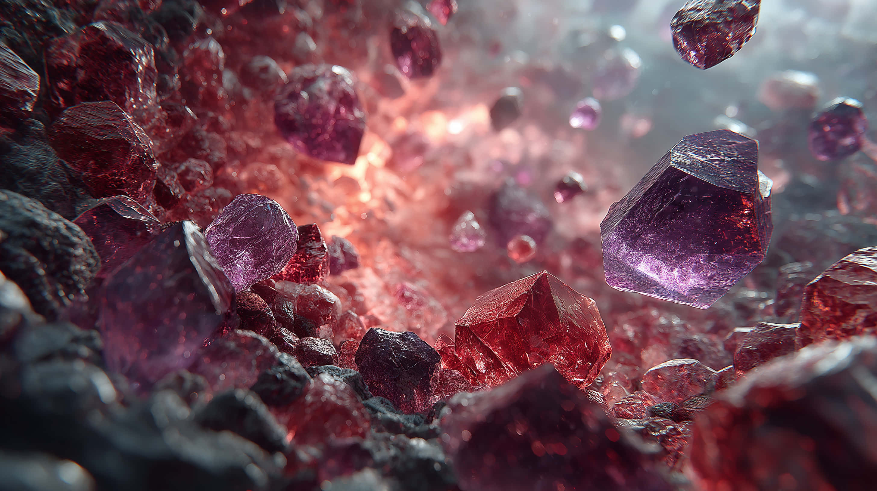 Paisaje abstracto de cristales flotantes y terreno volcánico Fondos de pantalla
