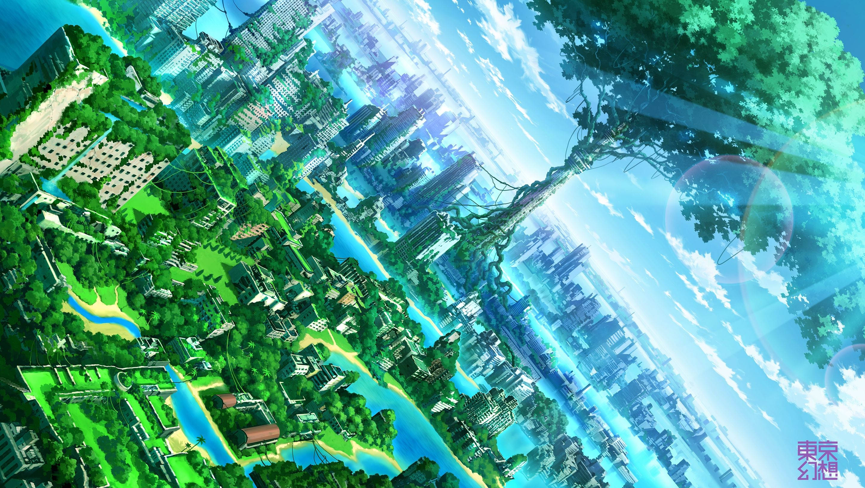 Paisaje Anime de Ciudad con Follaje Fondos de pantalla