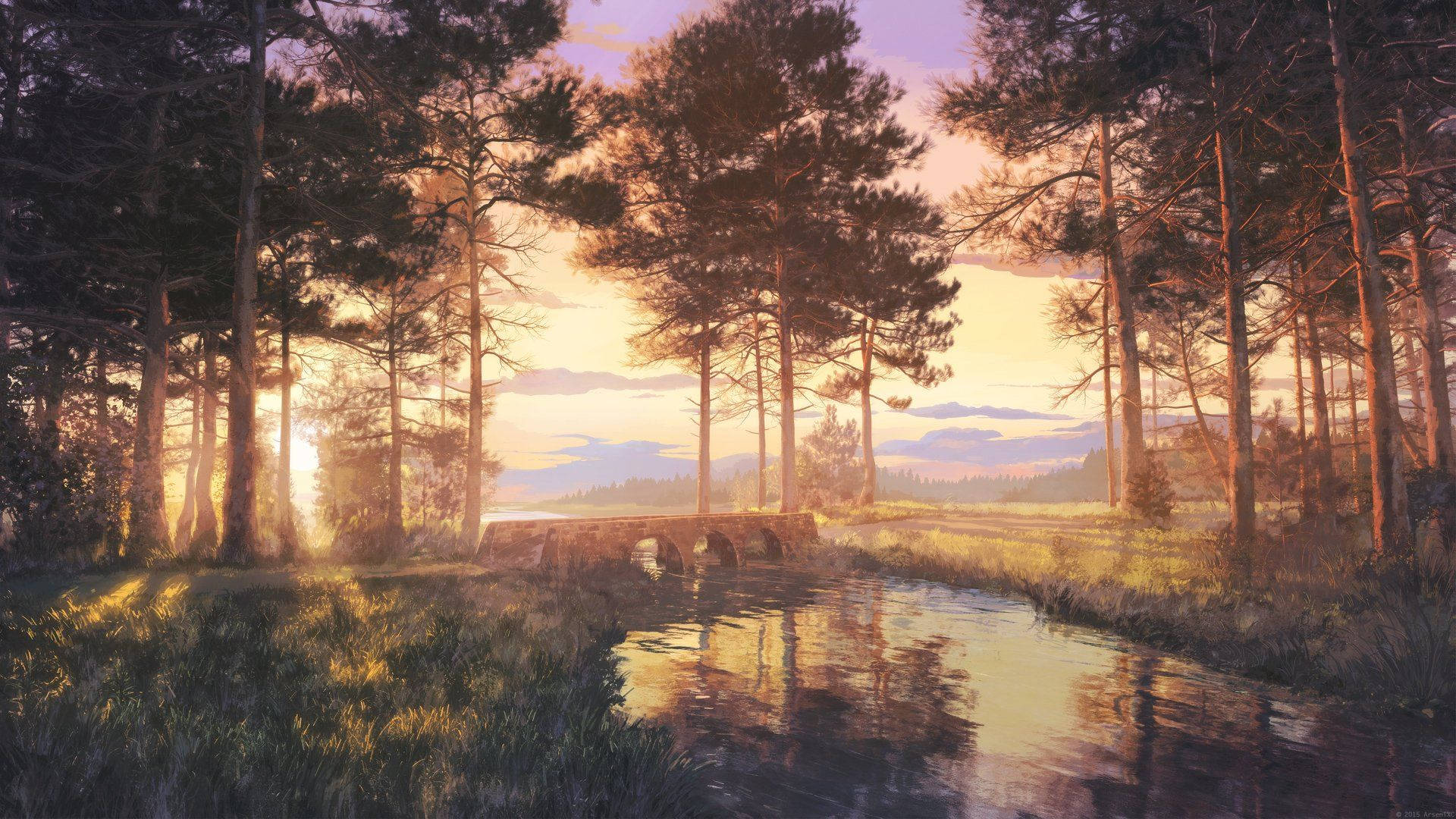 Paisaje anime de bosque, árboles y río Fondos de pantalla