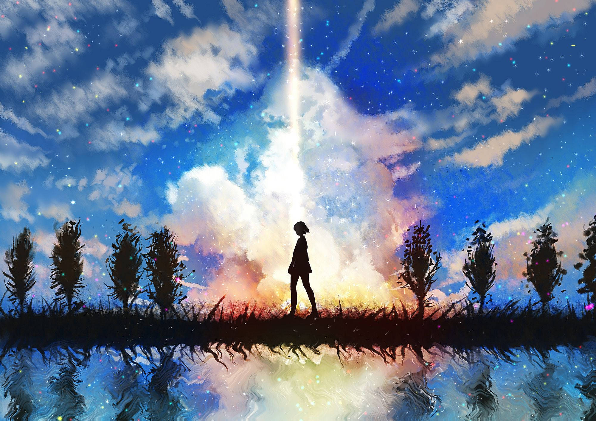 Paisaje Anime de Cielo Estrellado Fondos de pantalla