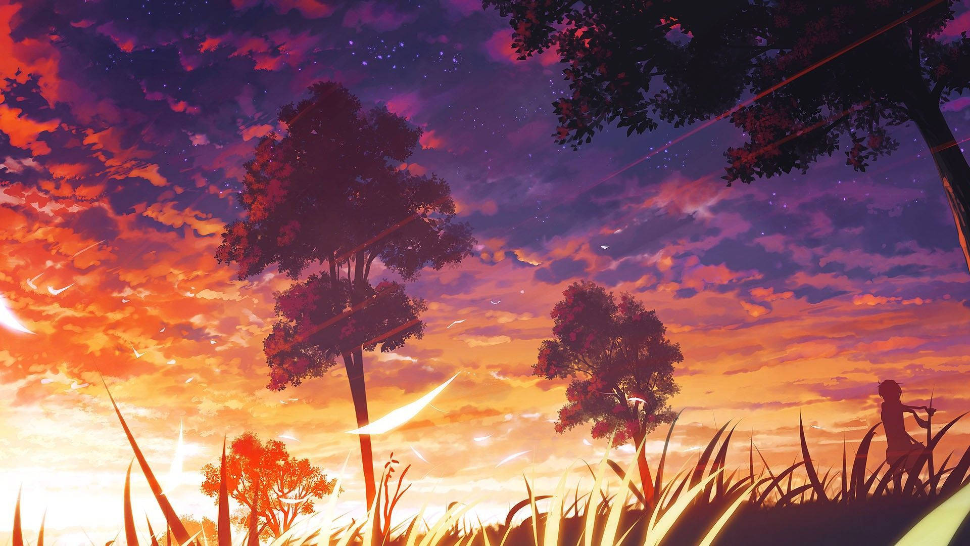 Paisaje anime estético al atardecer iluminado Fondos de pantalla