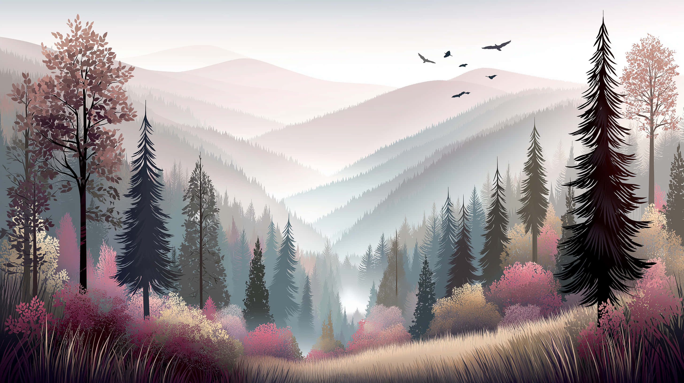 Paisaje de Bosque Montañoso con Follaje Vibrante y Niebla Fondos de pantalla