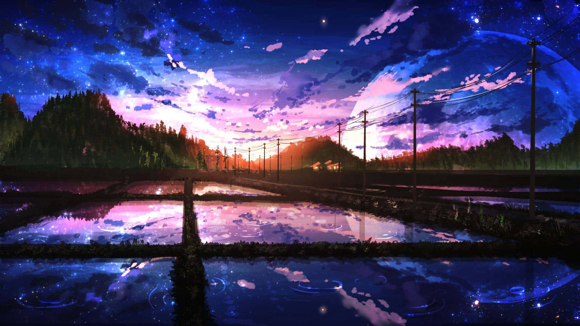 Paisaje de Granja con Cielo Púrpura Hermoso Escenario Anime Fondos de pantalla