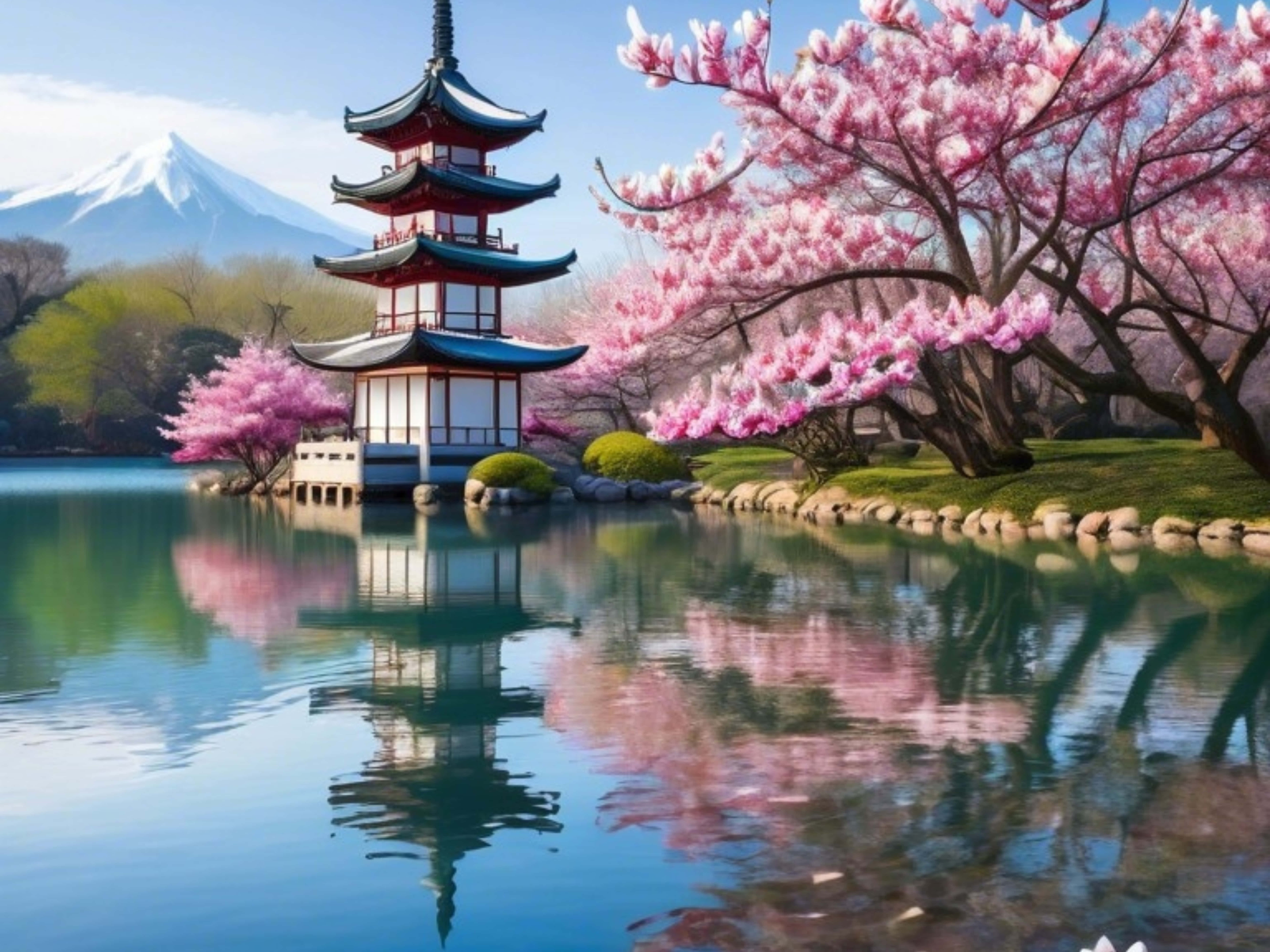 Paisaje japonés con un lago tranquilo, árboles de cerezo en flor, un santuario y montañas. Fondos de pantalla