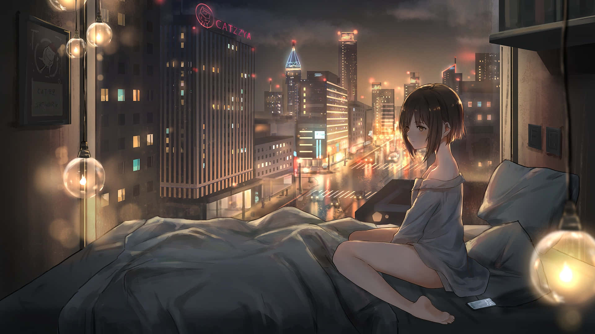 Paisaje nocturno de ciudad anime llena de rascacielos Fondos de pantalla