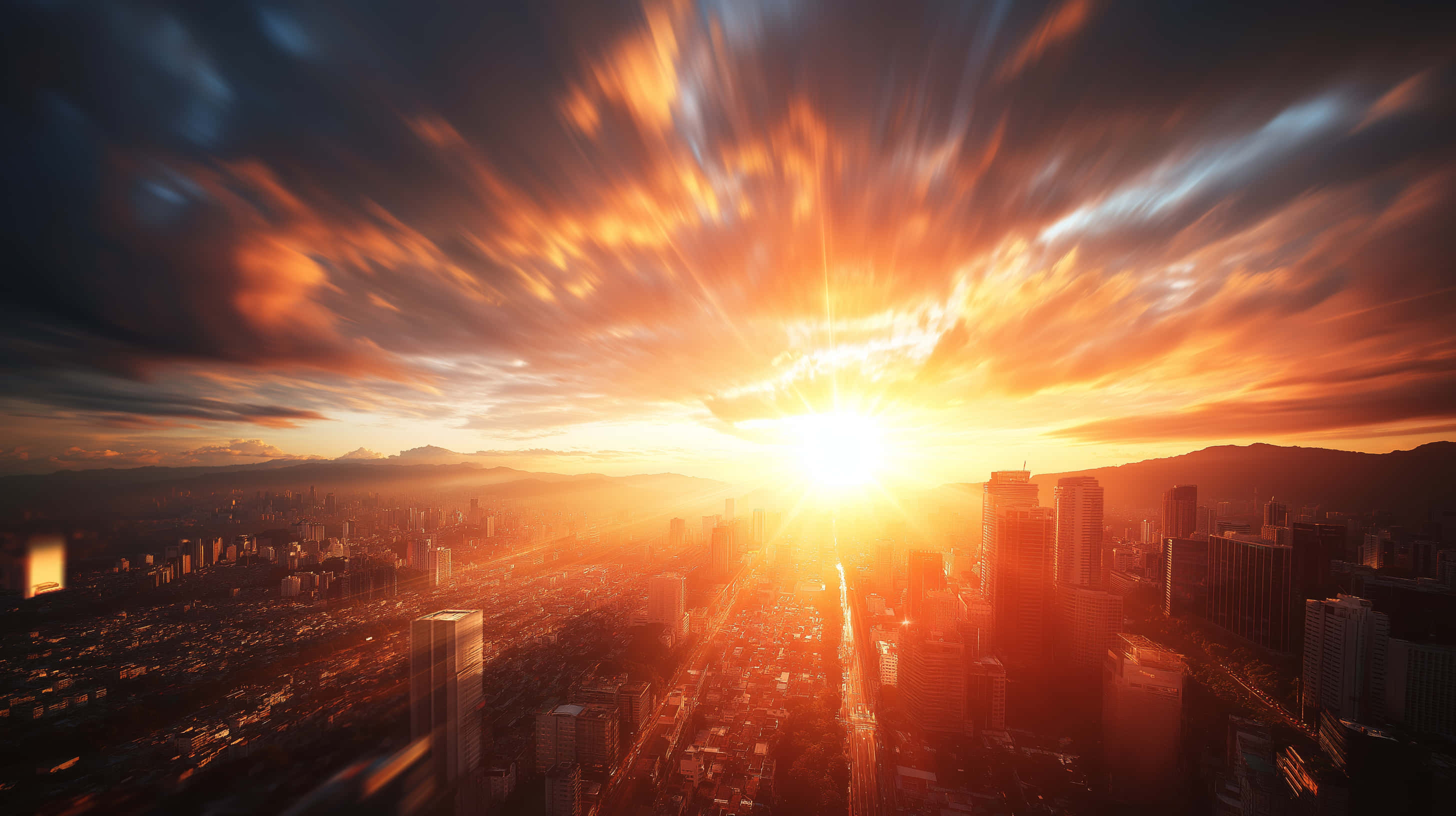 Paisaje urbano dinámico con cielo expansivo y rayos brillantes Fondos de pantalla