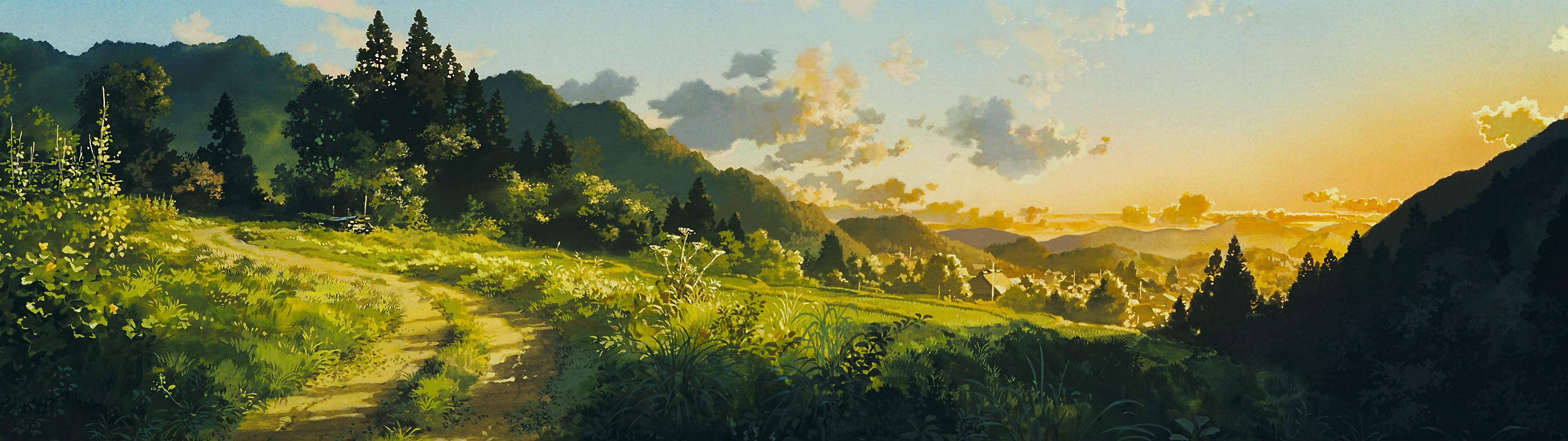 Paisaje verde inspirado en anime, ideal para fondo de pantalla de doble monitor Fondos de pantalla