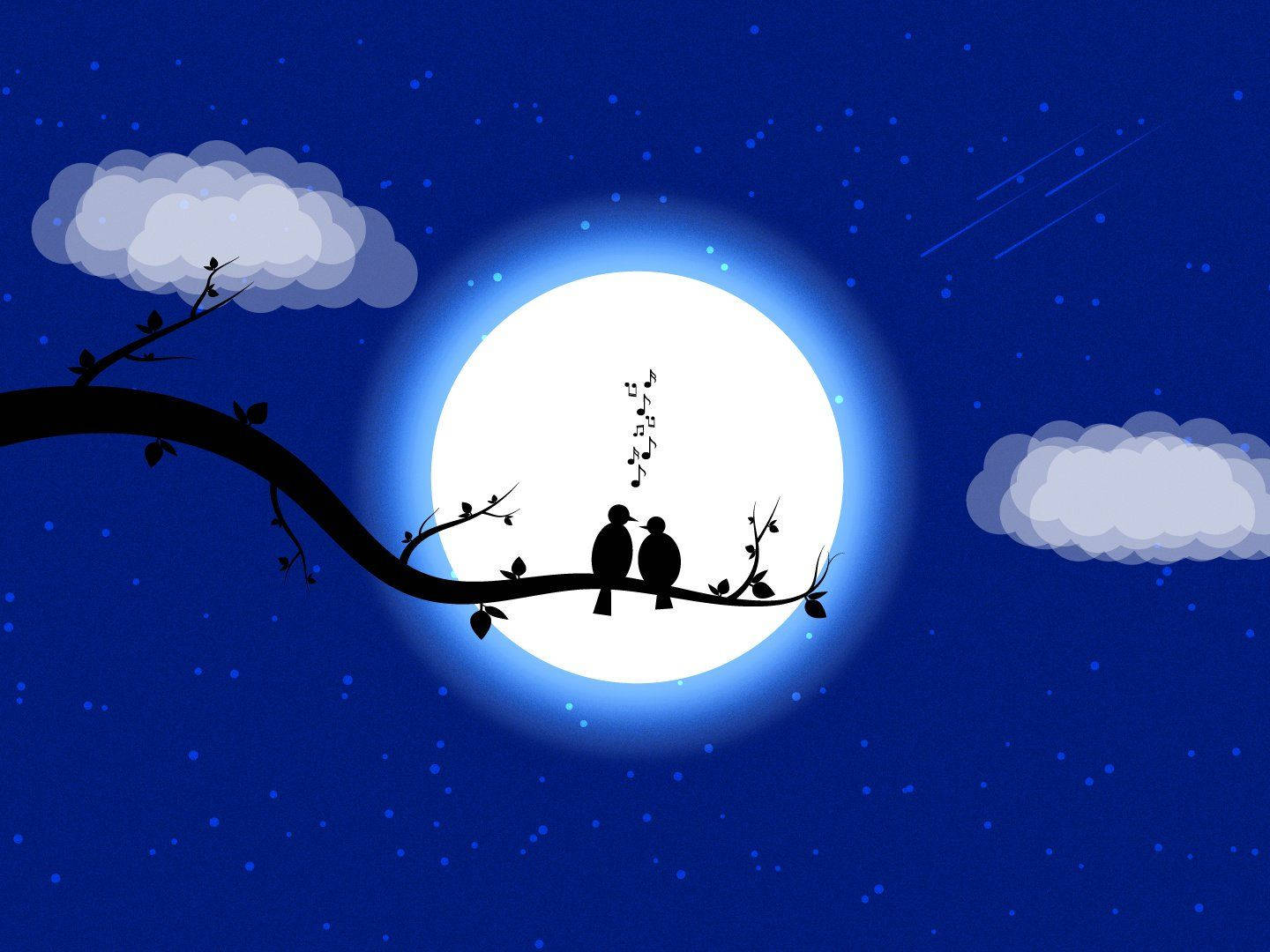 Pájaros Románticos y una Luna Fondos de pantalla