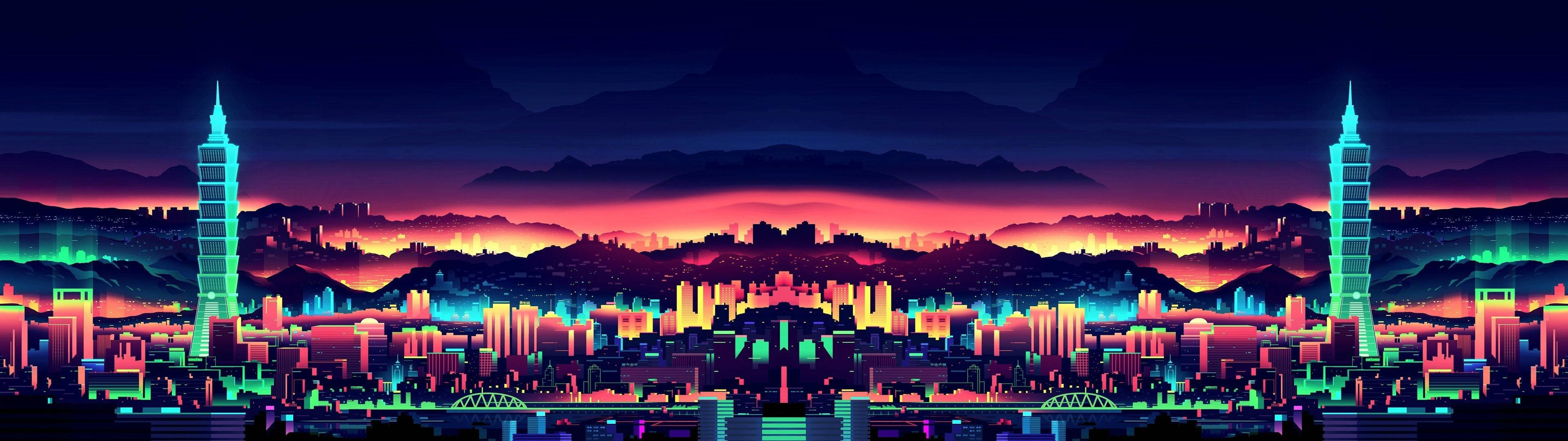 Panorama vibrante de ciudad en pantalla doble Fondos de pantalla