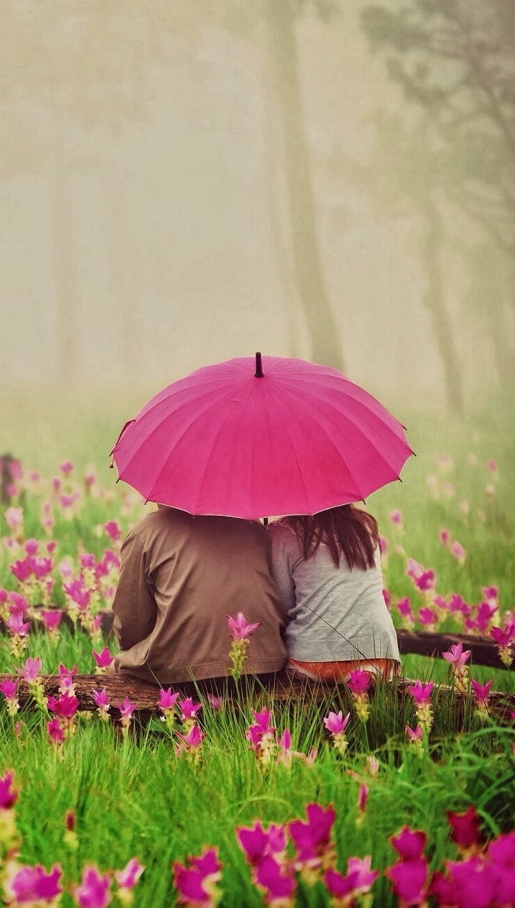 Pareja adorable con paraguas en jardín de flores Fondos de pantalla