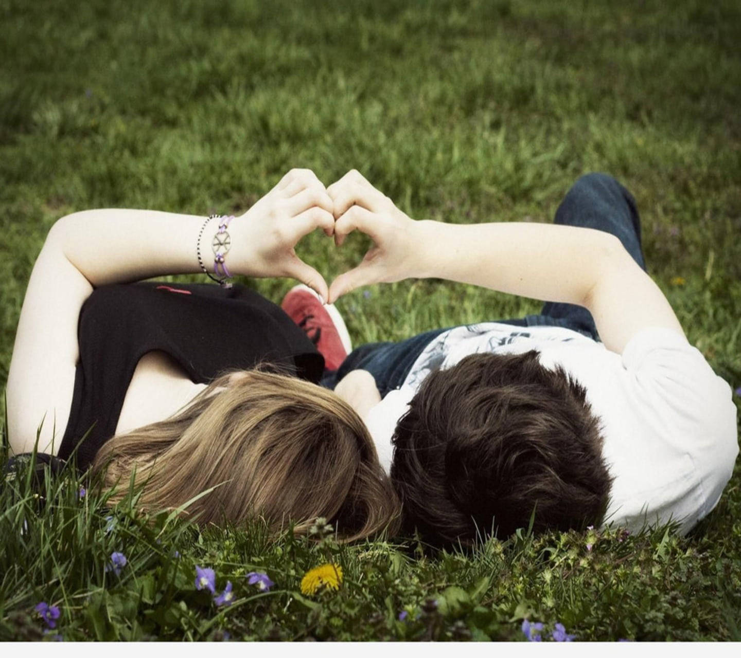Pareja adorable formando un corazón en el pasto Fondos de pantalla