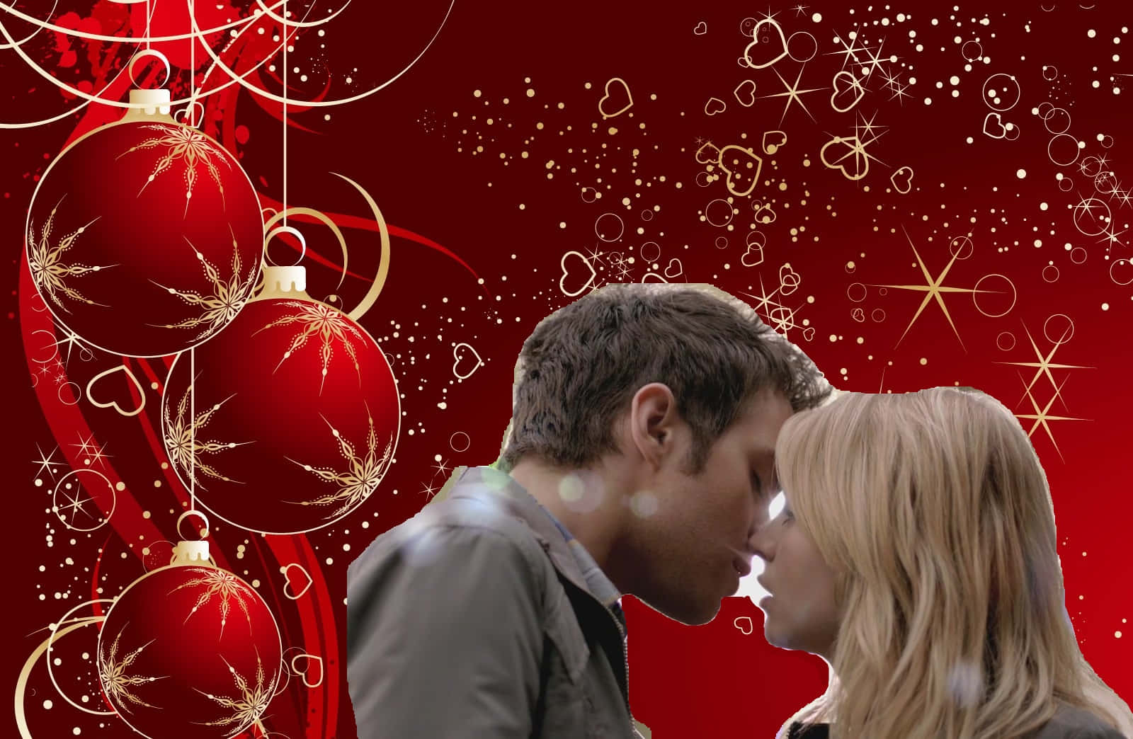 Pareja besándose en Navidad con fondo rojo Fondos de pantalla