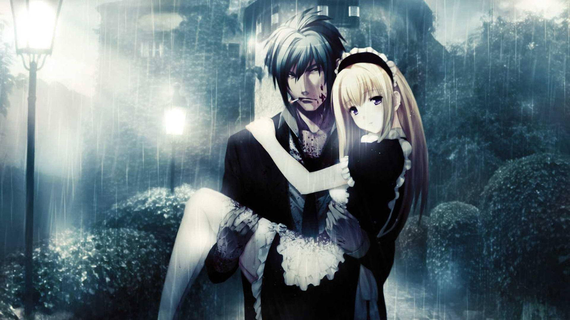 Pareja de anime abrazada en un día lluvioso Fondos de pantalla