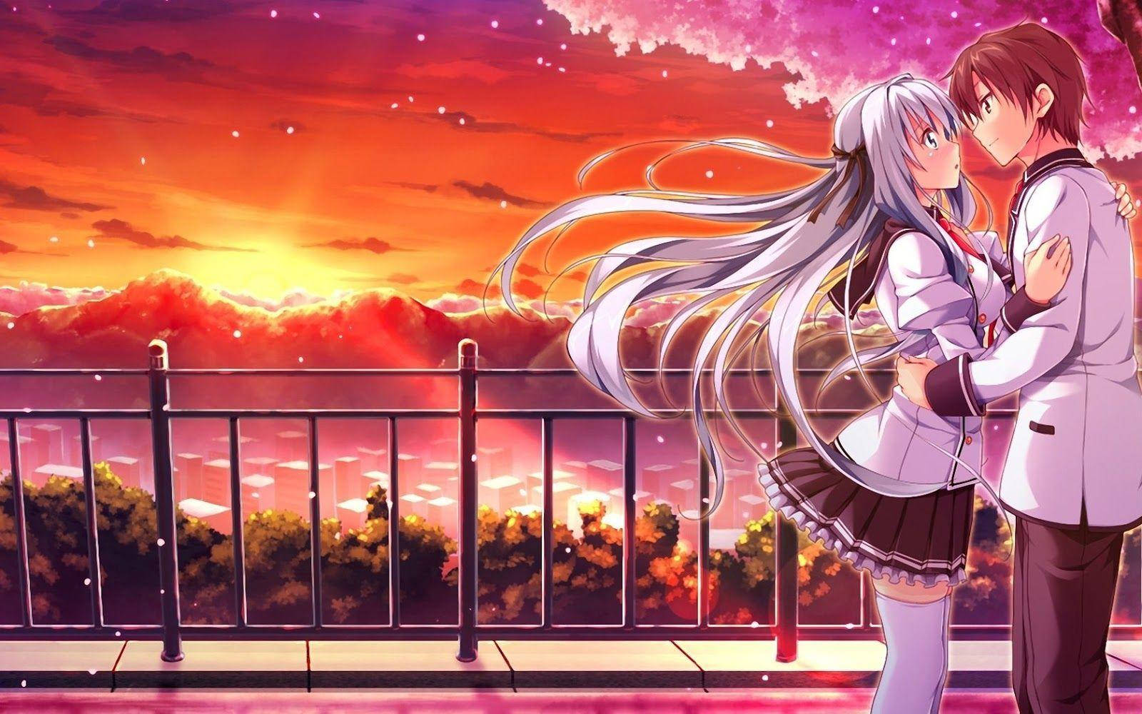 Pareja de anime abrazándose al atardecer Fondos de pantalla