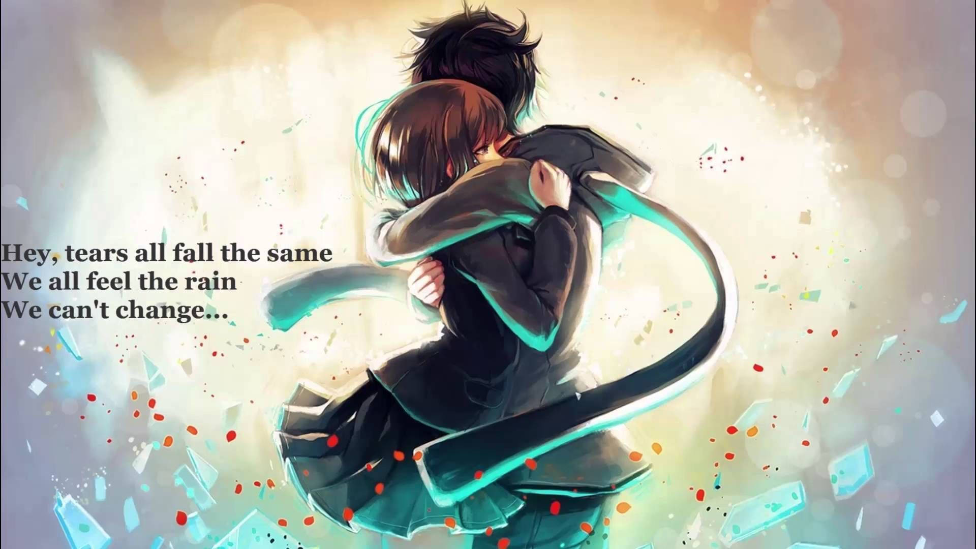 Pareja de anime abrazándose con frase Fondos de pantalla