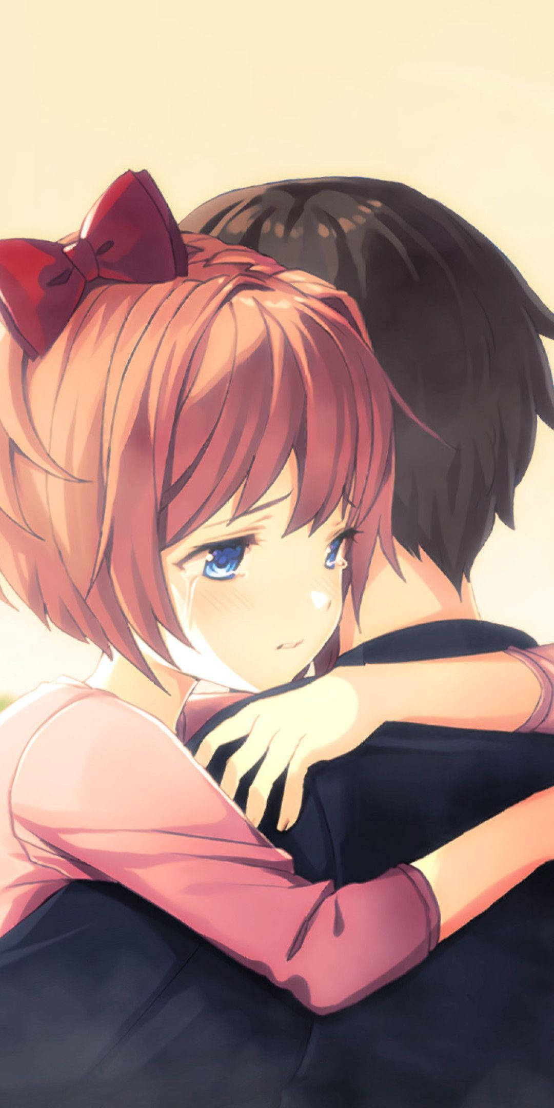 Pareja de anime abrazándose con listón rojo Fondos de pantalla