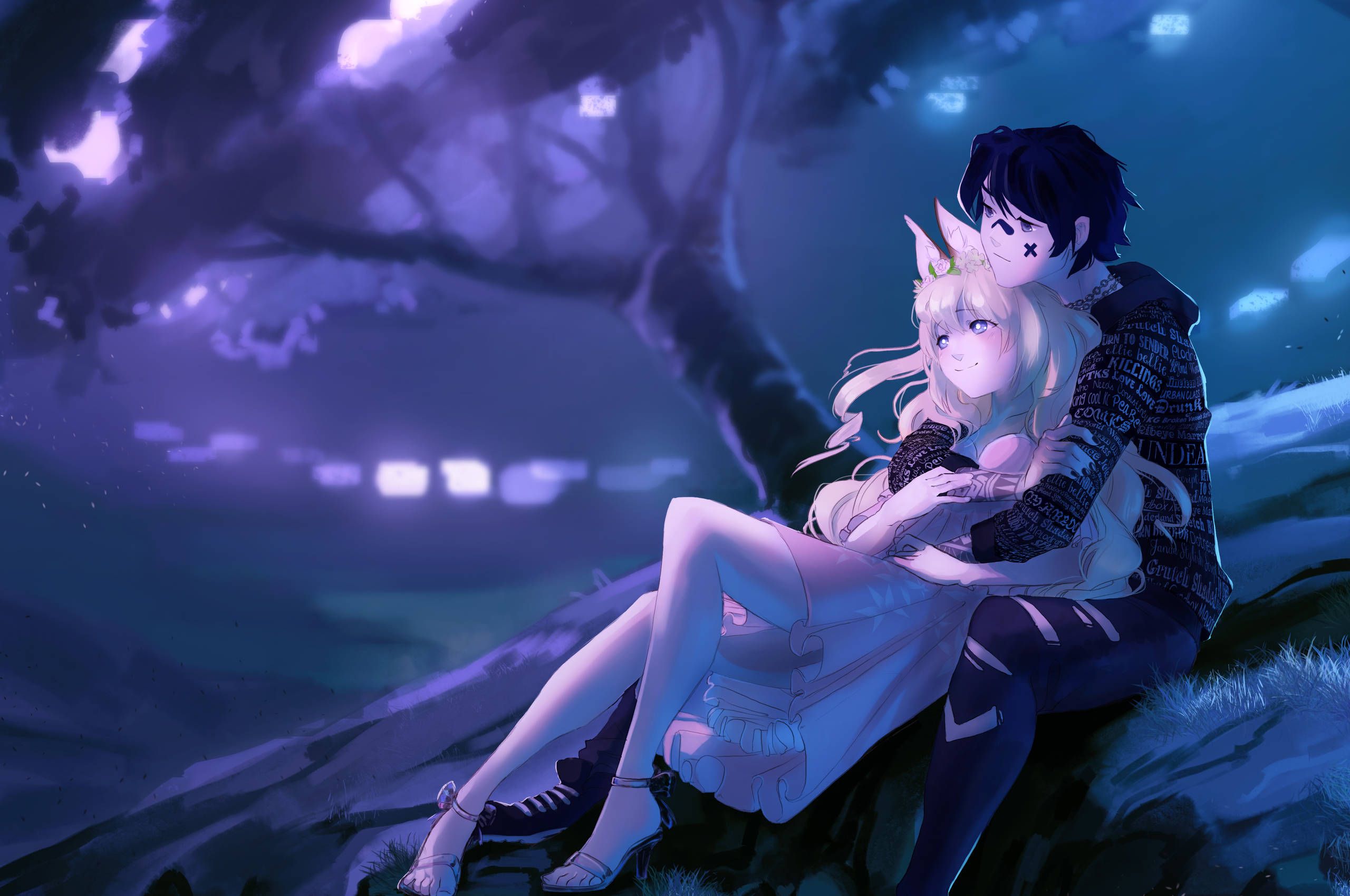 Pareja de anime abrazándose de noche Fondos de pantalla