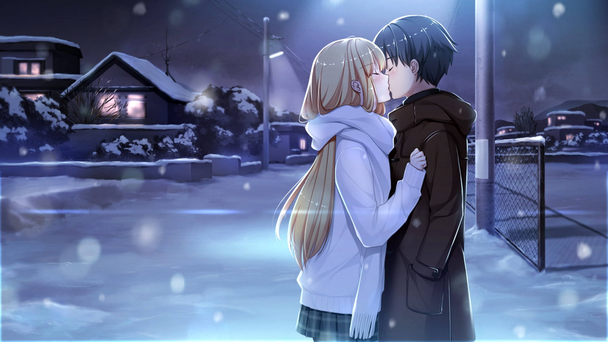 Pareja de anime besándose bajo la nieve Fondos de pantalla