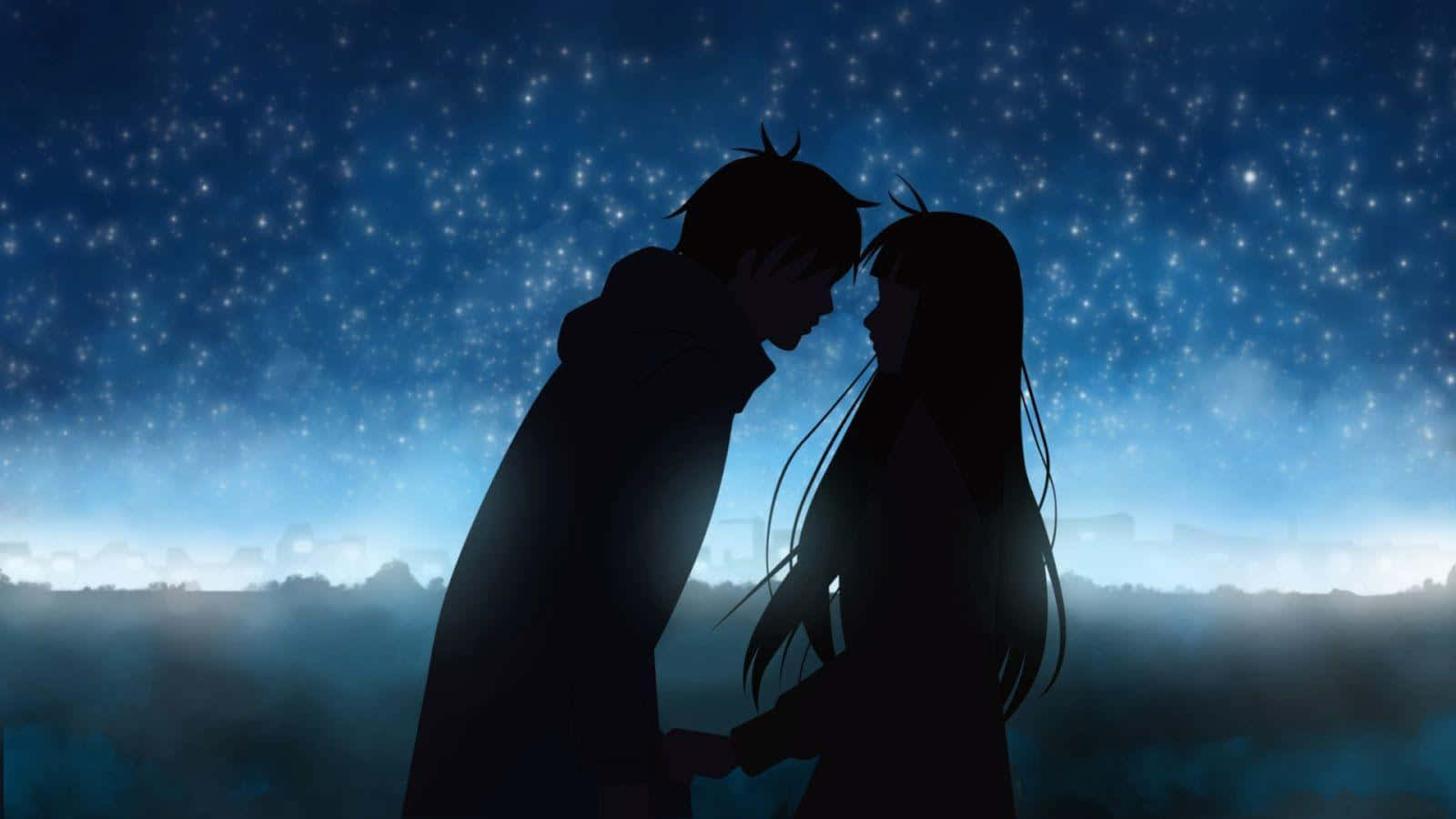 Pareja de Anime Romántica Silueta Cielo Nocturno Azul Fondos de pantalla
