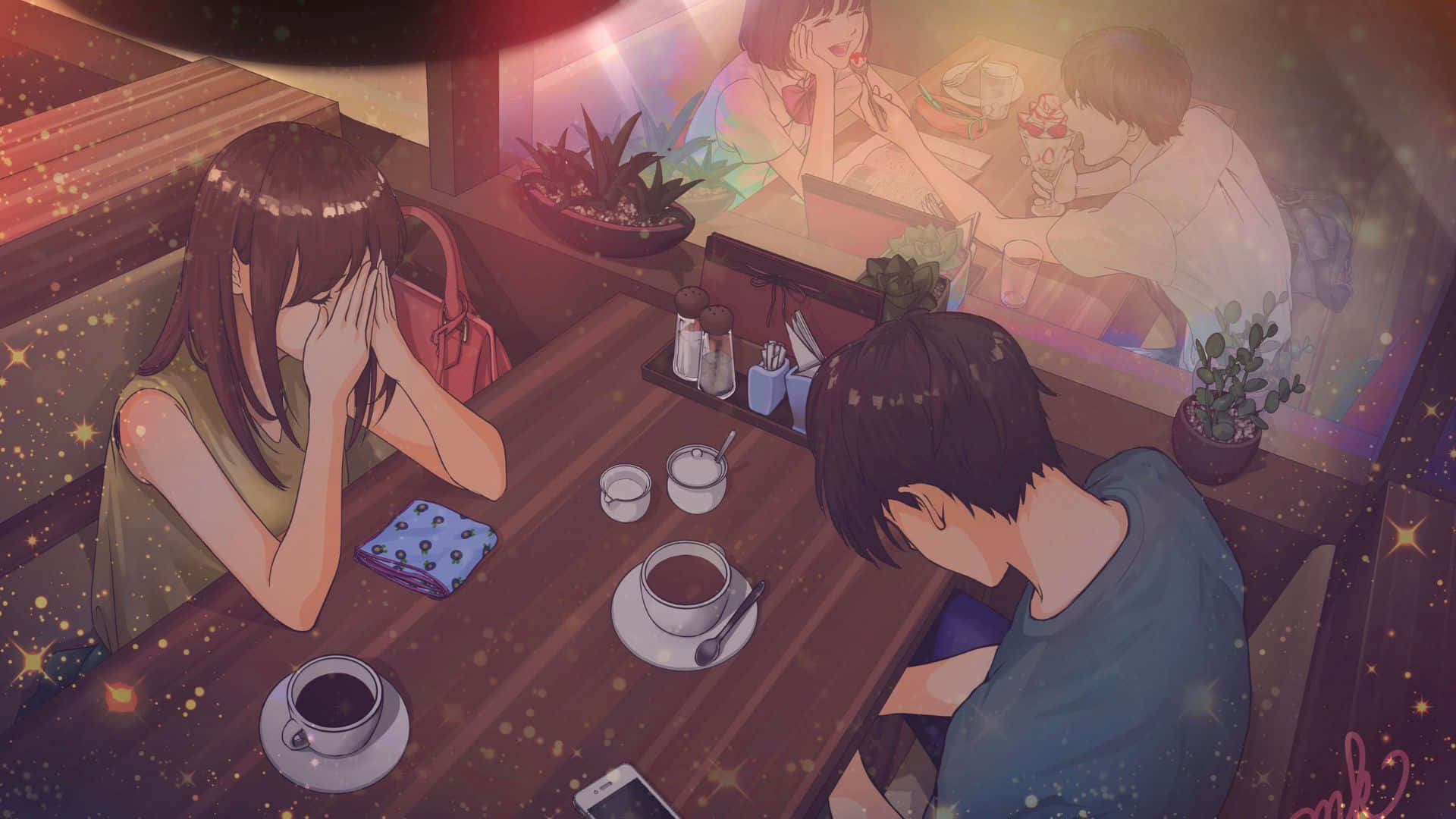 Pareja de anime en fondo de cafetería Fondos de pantalla