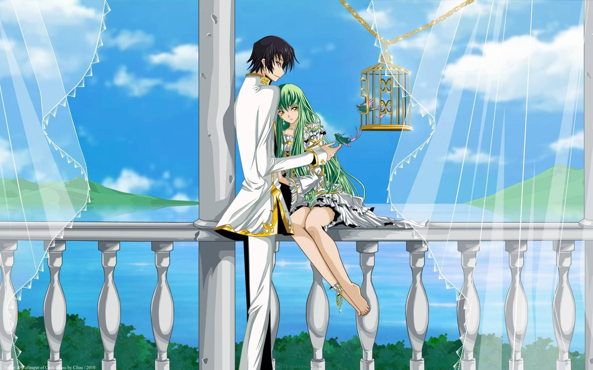 Pareja de anime romántica en el balcón Fondos de pantalla