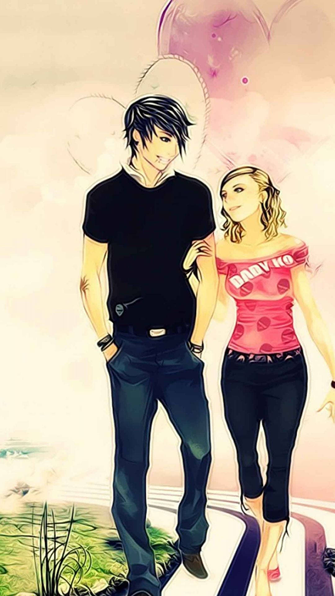 Pareja de caricatura caminando en la calle con amor Fondos de pantalla
