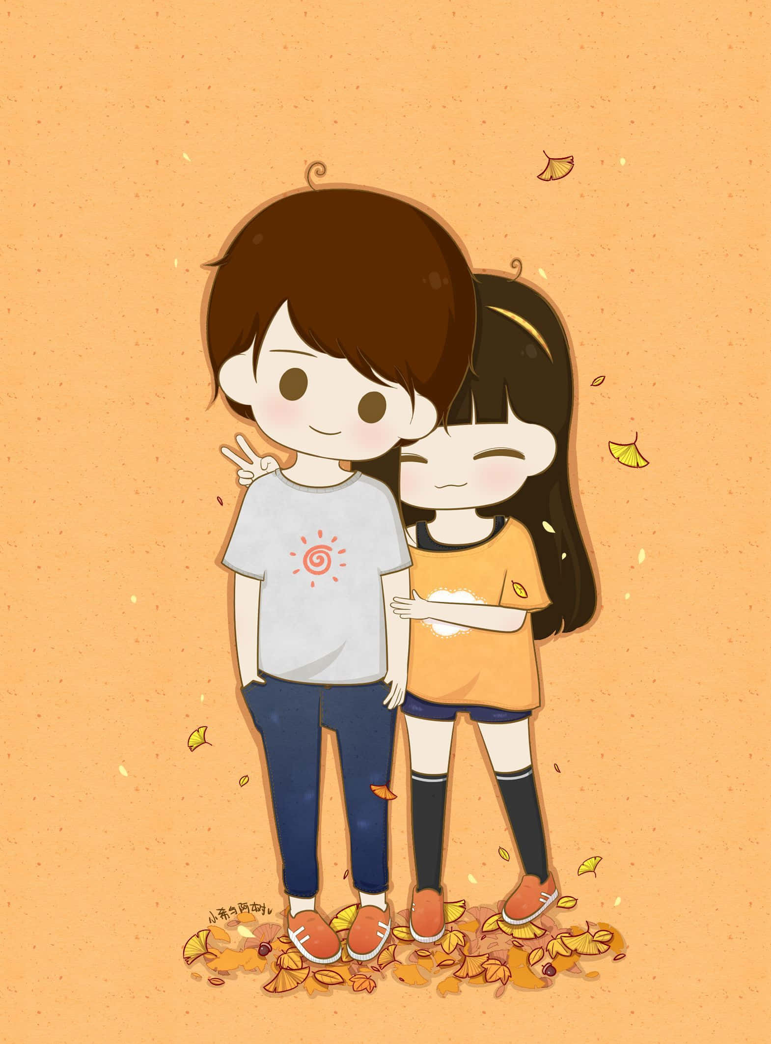 Pareja linda de caricatura en el otoño Fondos de pantalla