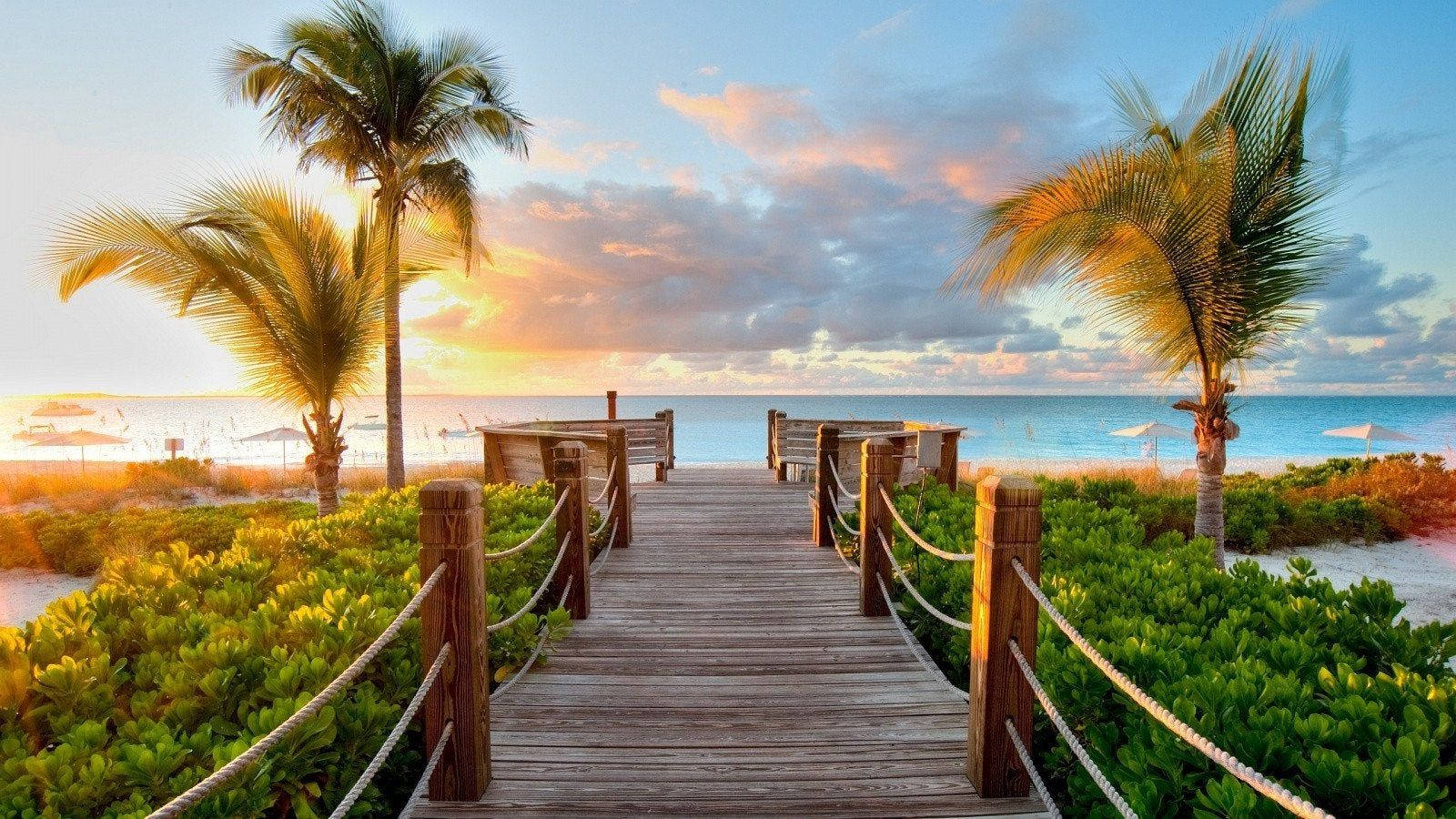 Pasarela de Madera en la Playa que Lleva a un Horizonte Acogedor Fondos de pantalla