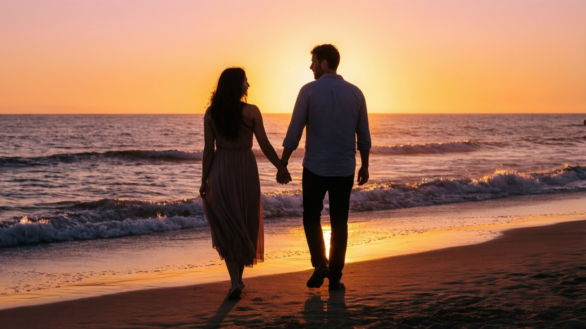 Paseo al atardecer en la playa Fondos de pantalla