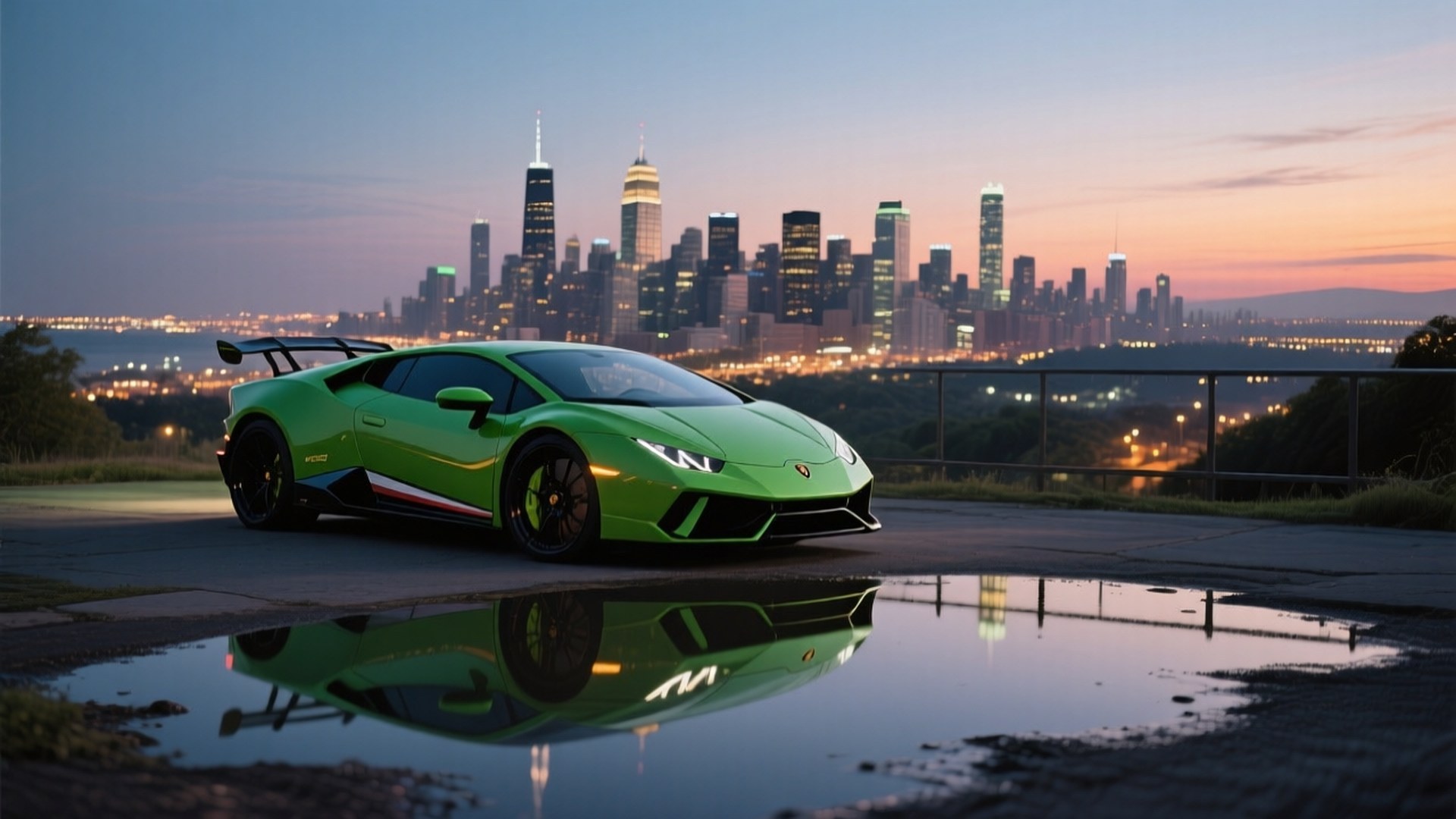 Lamborghini Huracán verde con vista a la ciudad al atardecer