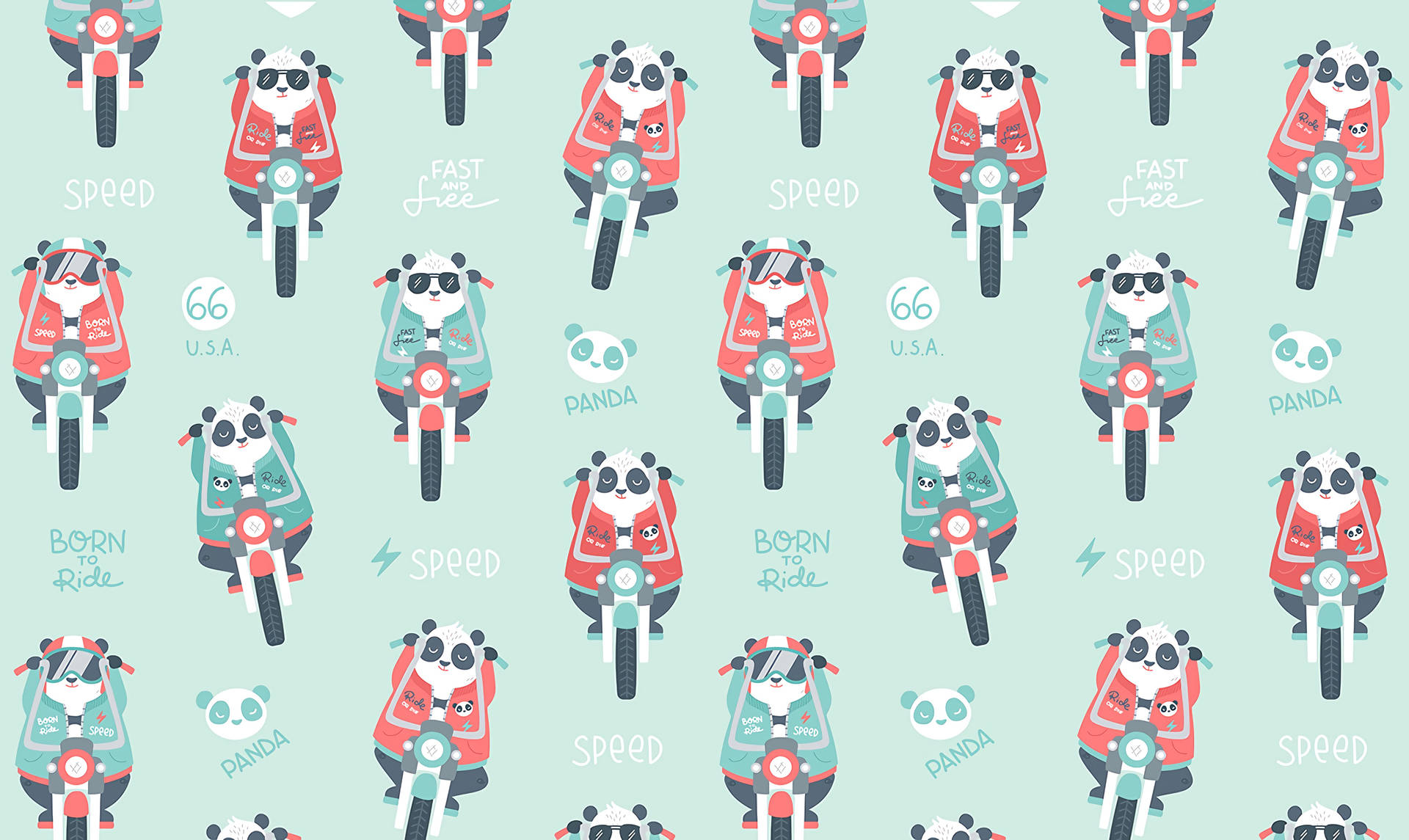 Fondo de escritorio verde menta con patrón de panda en motocicleta.