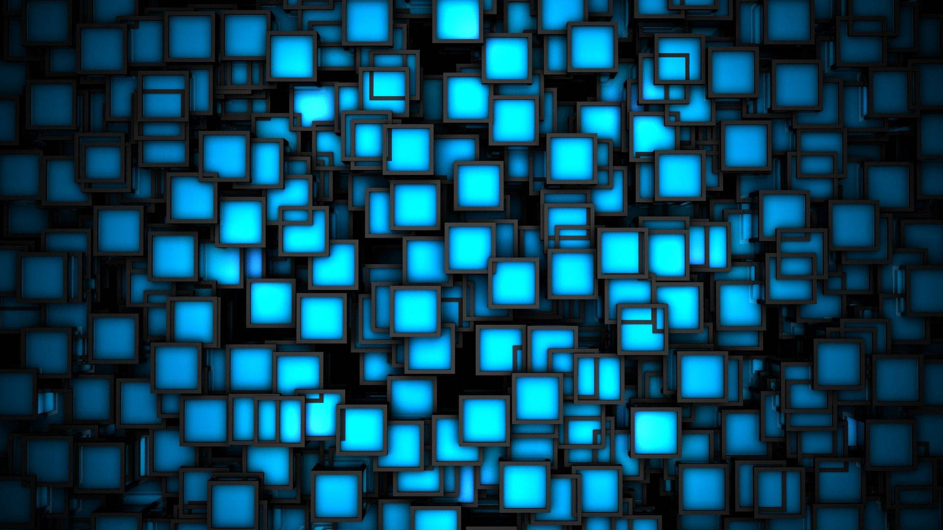 Fondo de pantalla de cuadrados azules brillantes en 3D sobre negro.