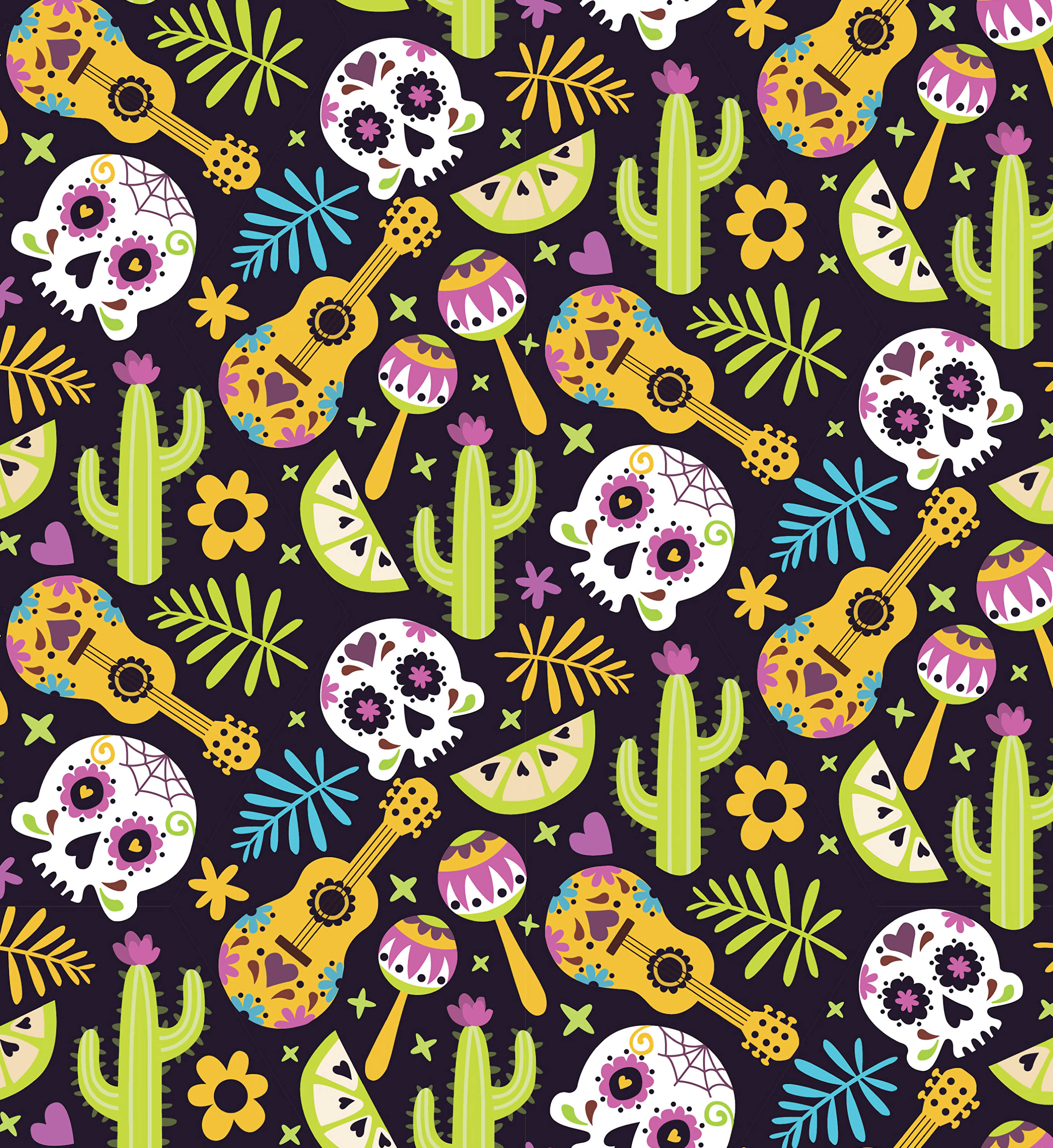 Patrones de México: Calavera, Cactus y Guitarra Fondos de pantalla