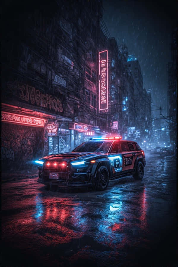Patrulla policial futurista en ciudad neón 4K Fondos de pantalla